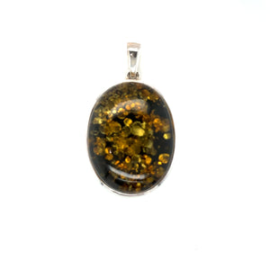 Sterling Silver Oval Green Amber Pendant