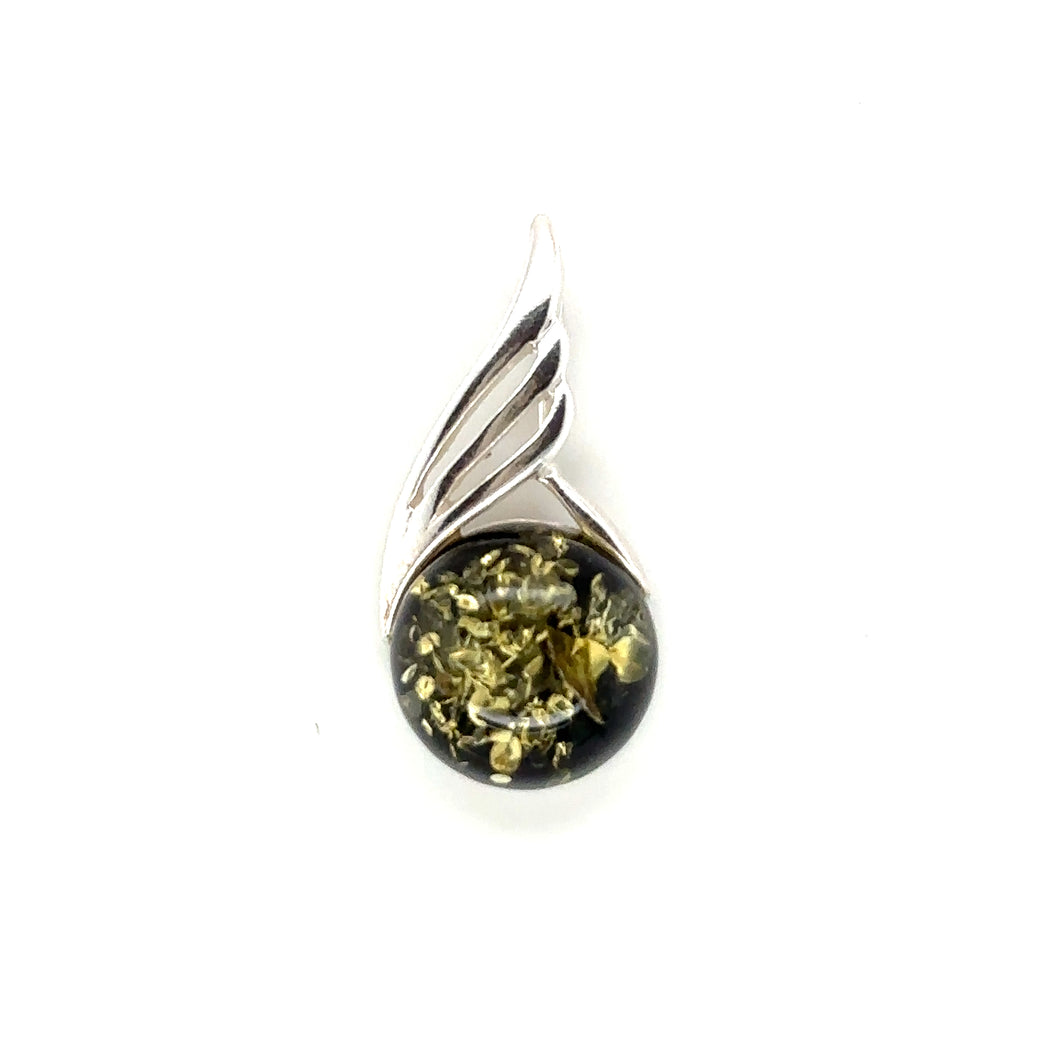 Sterling Silver Round Shaped Green Amber Pendant With Wing Design