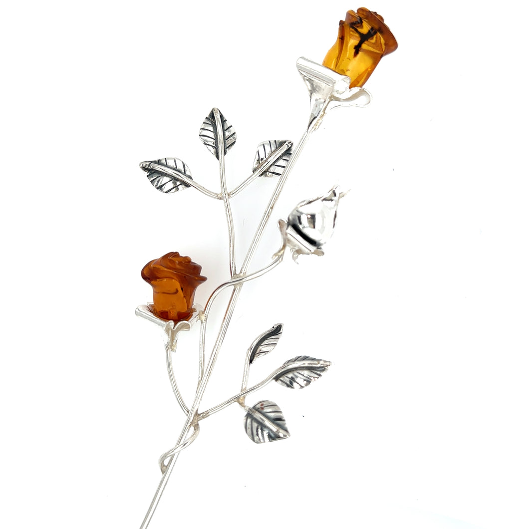 Silver Single Stem Rose With Two Amber Roses