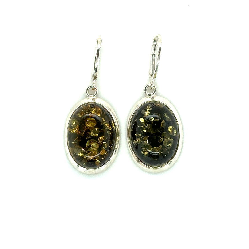 Silver And Green Amber Oval Drop Earrings