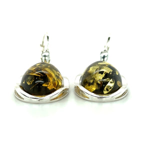 Silver And Green Amber Oval Drop Earrings