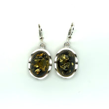 Load image into Gallery viewer, Silver And Green Amber Oval Drop Earrings
