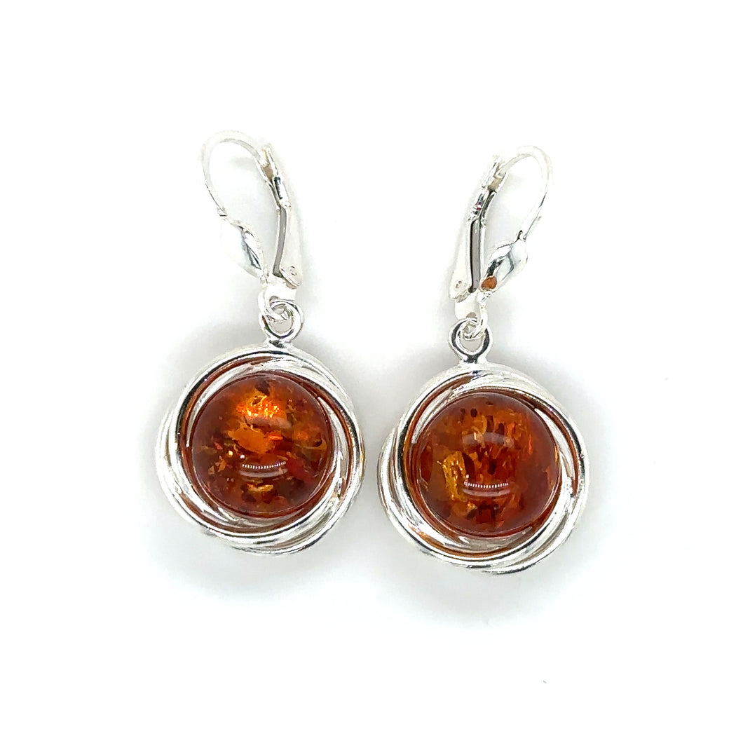 Silver And Round Amber Drop Earrings