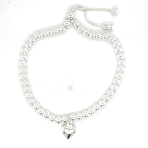 Sterling Silver 4mm Adjustable Ball Bracelet With Heart Charm