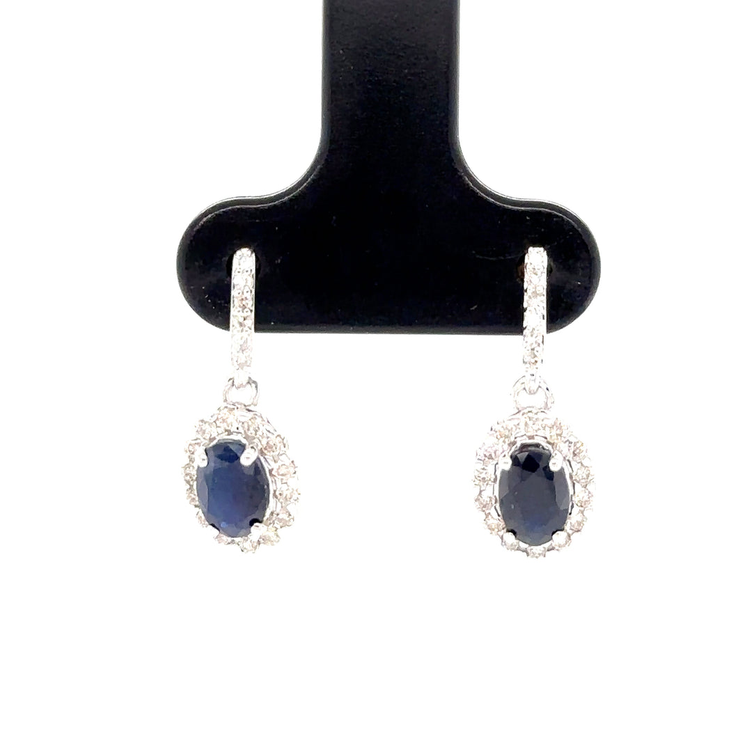 9ct White Gold Oval Sapphire And Diamond Drop Earrings