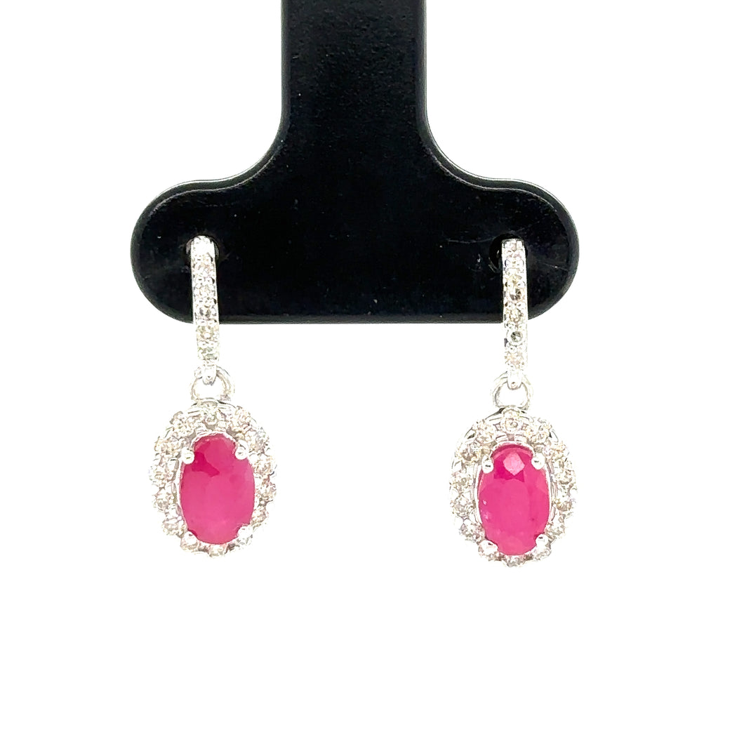 9ct White Gold Oval Ruby And Diamond Drop Earrings