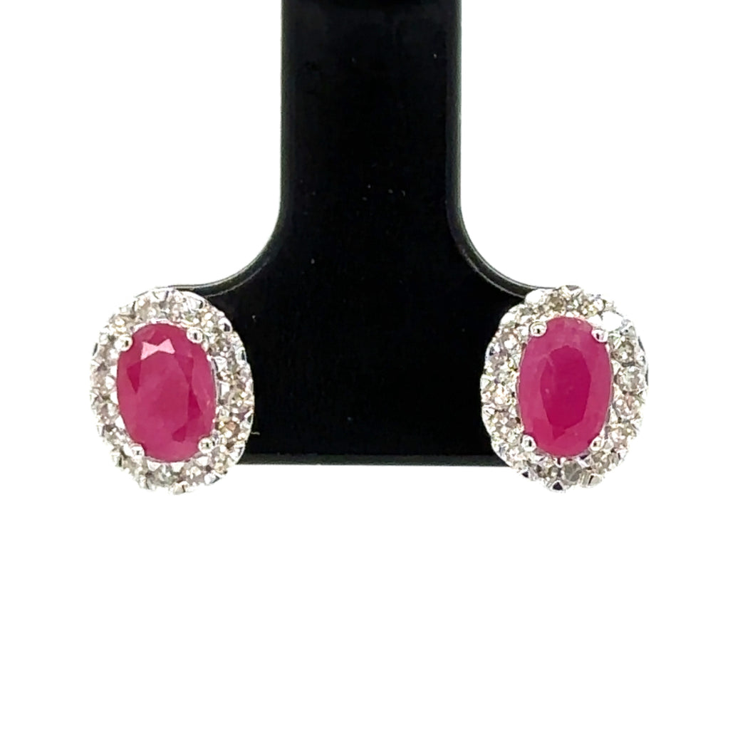 9ct White Gold Oval Ruby And Diamond Stud Earrings