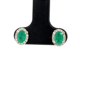 9ct Yellow Gold Oval Emerald And Diamond Stud Earrings