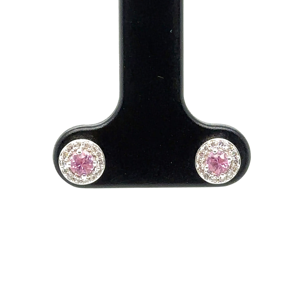 9ct White Gold Round Faceted Pink Sapphire And Diamond Stud Earrings