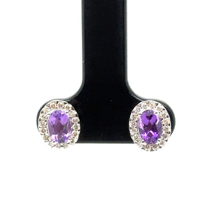 9ct White Gold Oval Shaped Amethyst And Diamond Stud Earrings