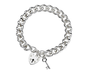 Silver Curb Bracelet 9.9mm With Padlock & Key Charm