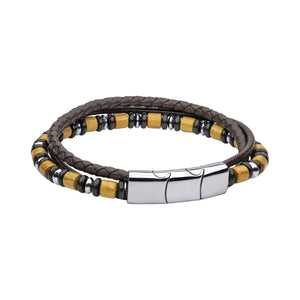 Multi Layered Leather Bracelet With Wood And Black Onyx Beads