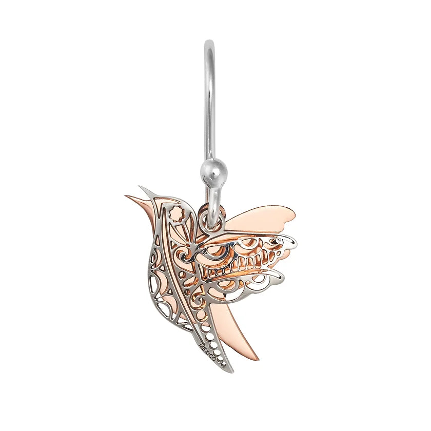 Copper And Silver Bird Drop Earrings