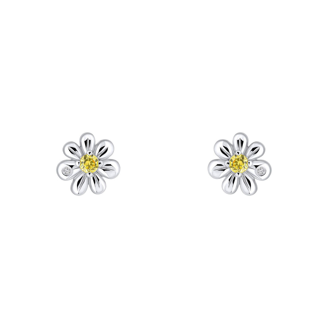 Daisy Stud Earrings with Yellow CZ and Diamond