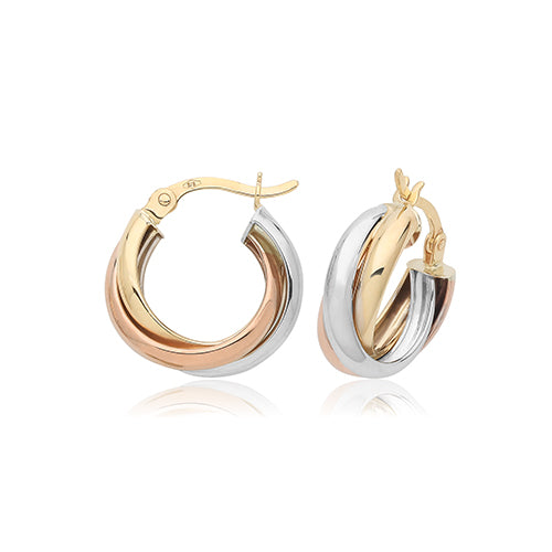 9ct Three Colour Gold Twisted Hoops - 10mm