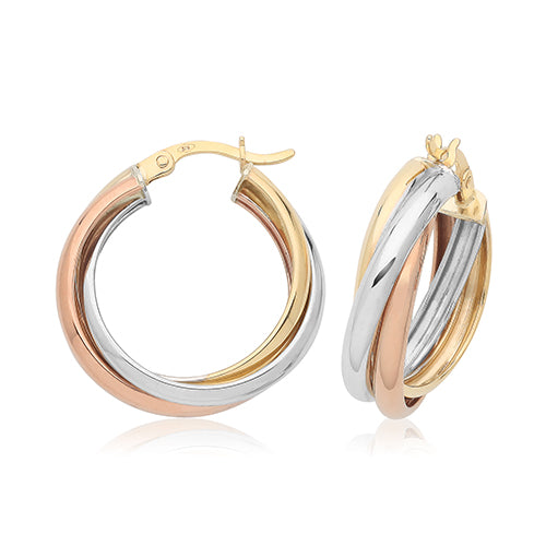 9ct Three Colour Gold Twisted Hoops - 16mm