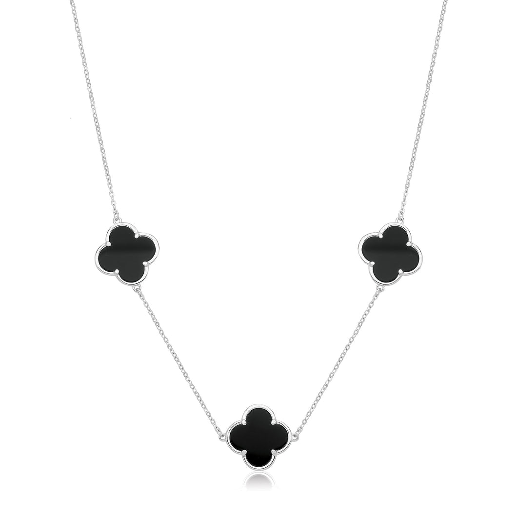 Silver Onyx Three Clover Necklace