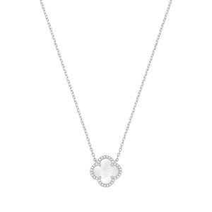 Silver Mother Of Pearl And Cubic Zirconia Clover Necklace