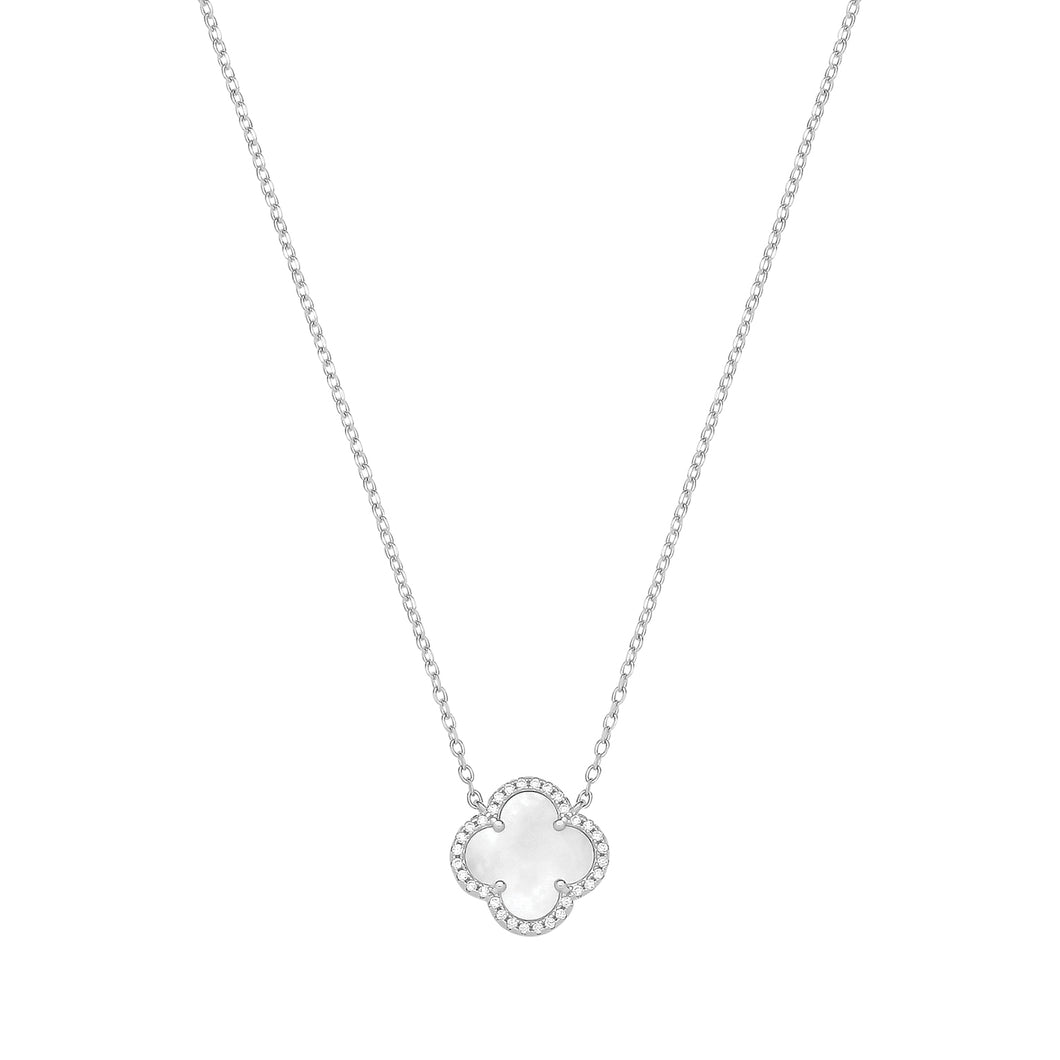 Silver Mother Of Pearl And Cubic Zirconia Clover Necklace