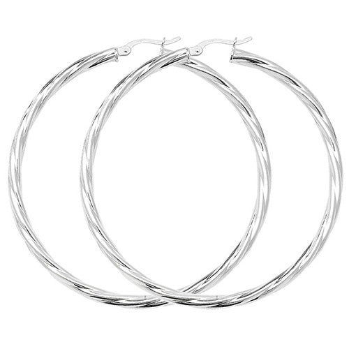 Silver 50mm Twisted Hoop Earrings