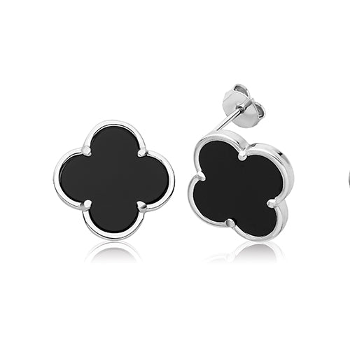 Silver Onyx Clover Earrings