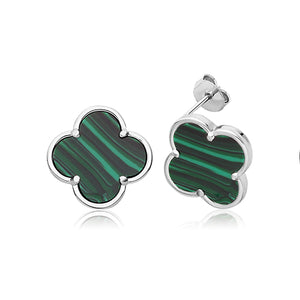 Silver Malachite Clover Earrings