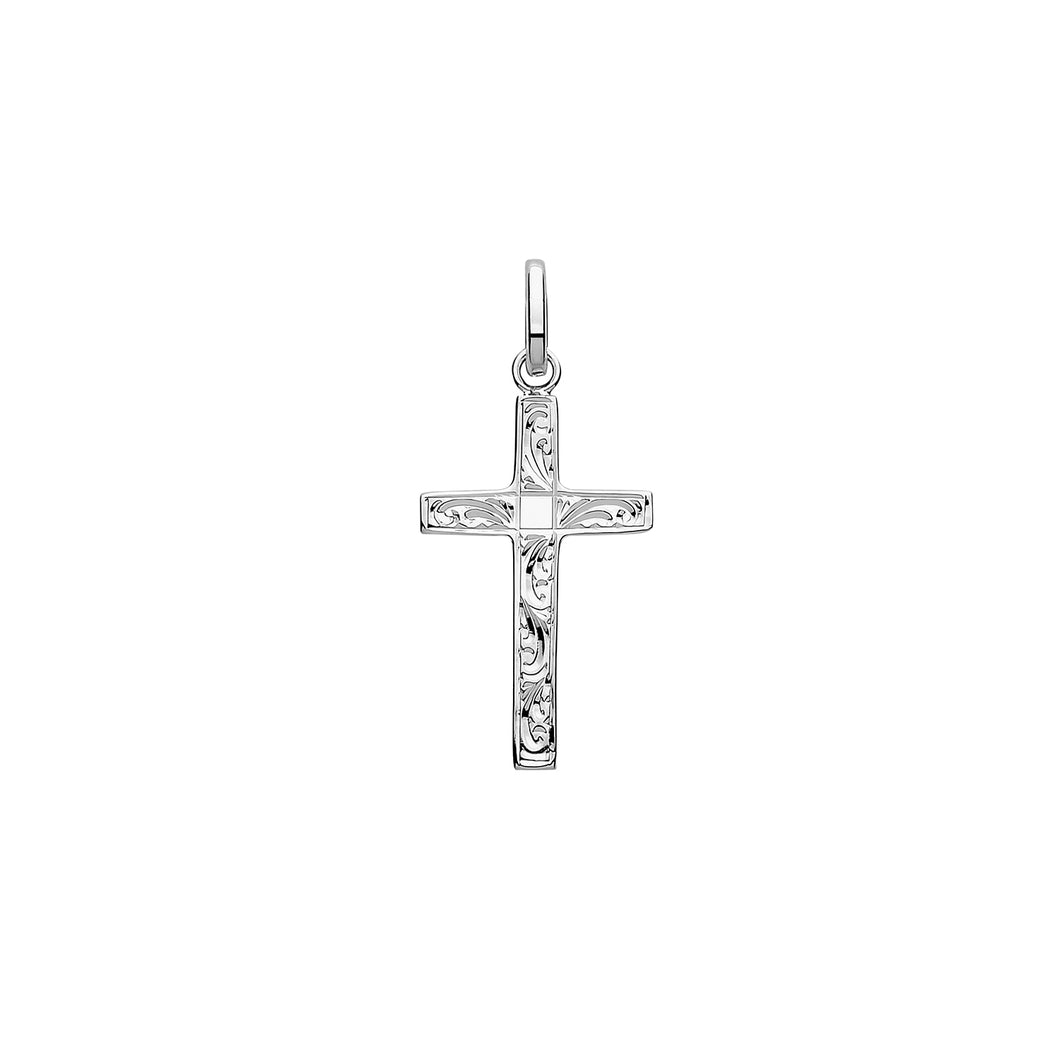 Sterling Silver Cross Engraved Pattern Front 33x15mm