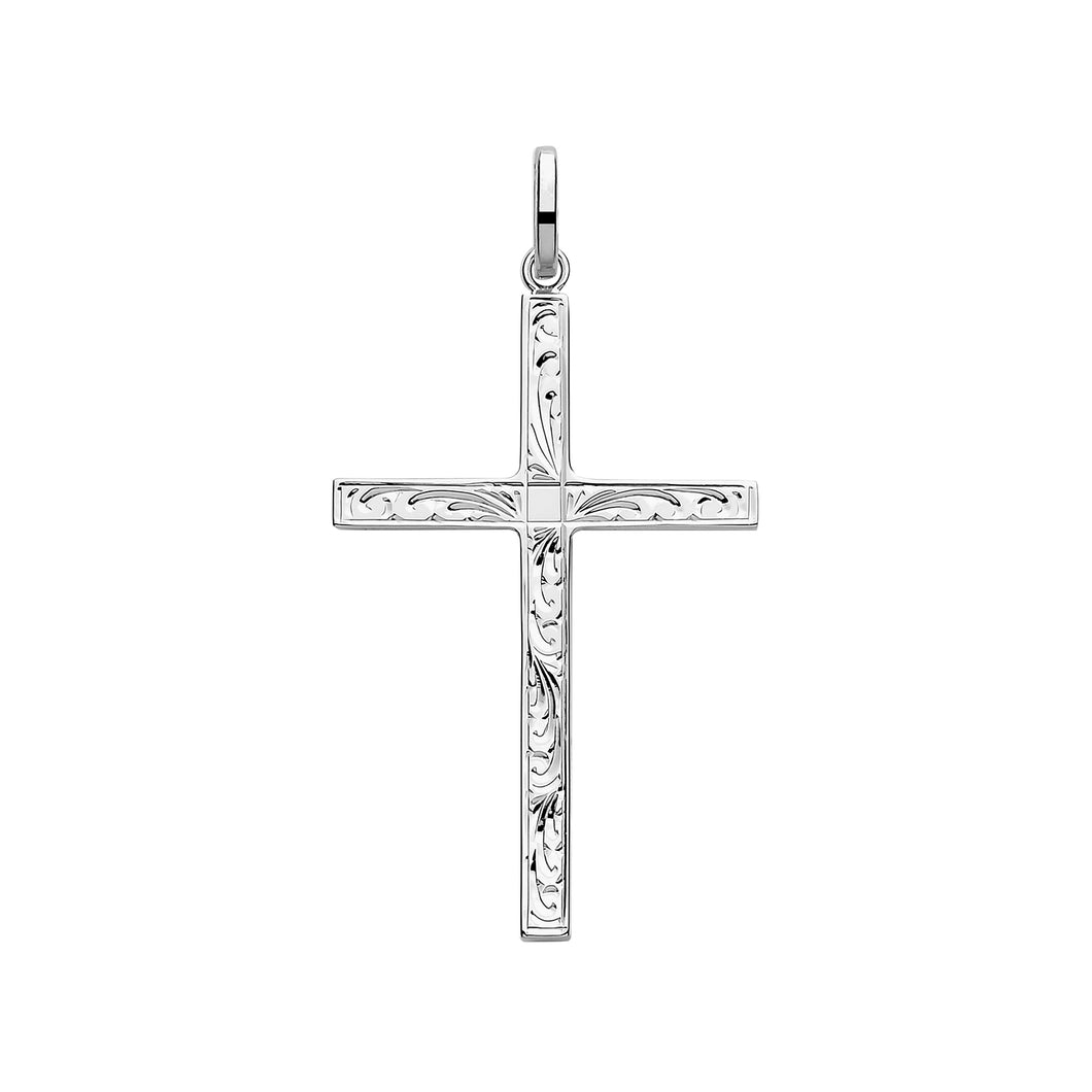 Sterling Silver Cross Engraved Pattern Front 38x18mm