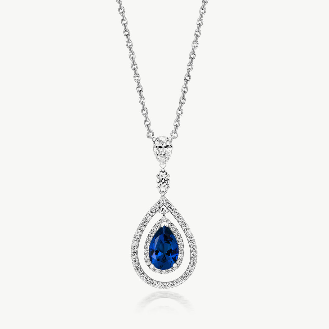 Multi-Halo Pendant With Blue Pear Shape Cubic Zirconia