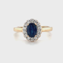 Load and play video in Gallery viewer, 9ct Oval Sapphire And Diamond Cluster Ring
