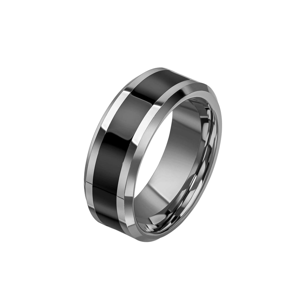 Tungsten Ring with Black Enamel Stripe