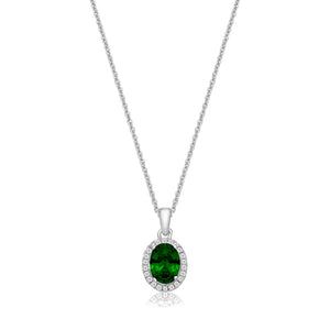 Silver Green And White Oval Halo Style CZ Pendant And Chain