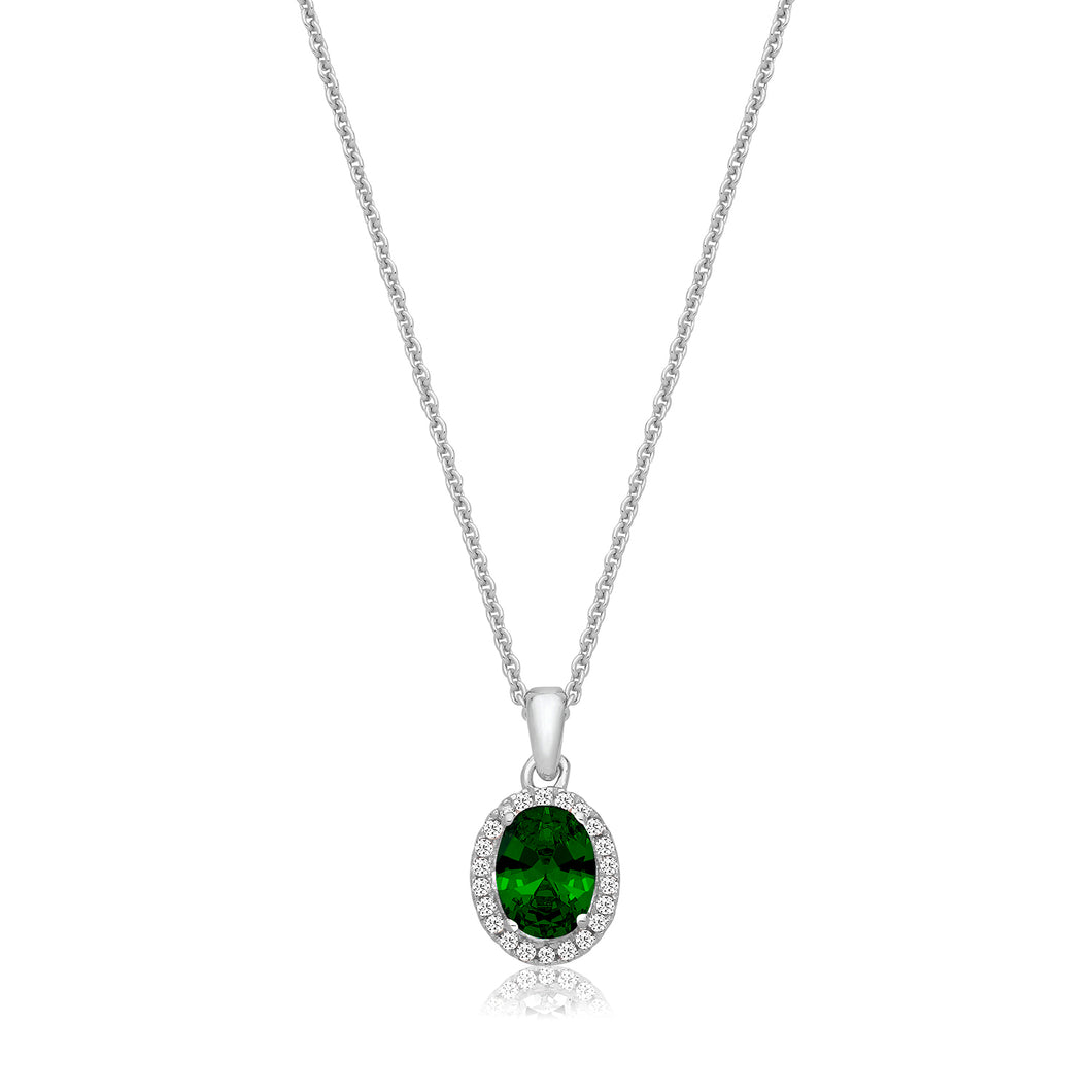 Silver Green And White Oval Halo Style CZ Pendant And Chain