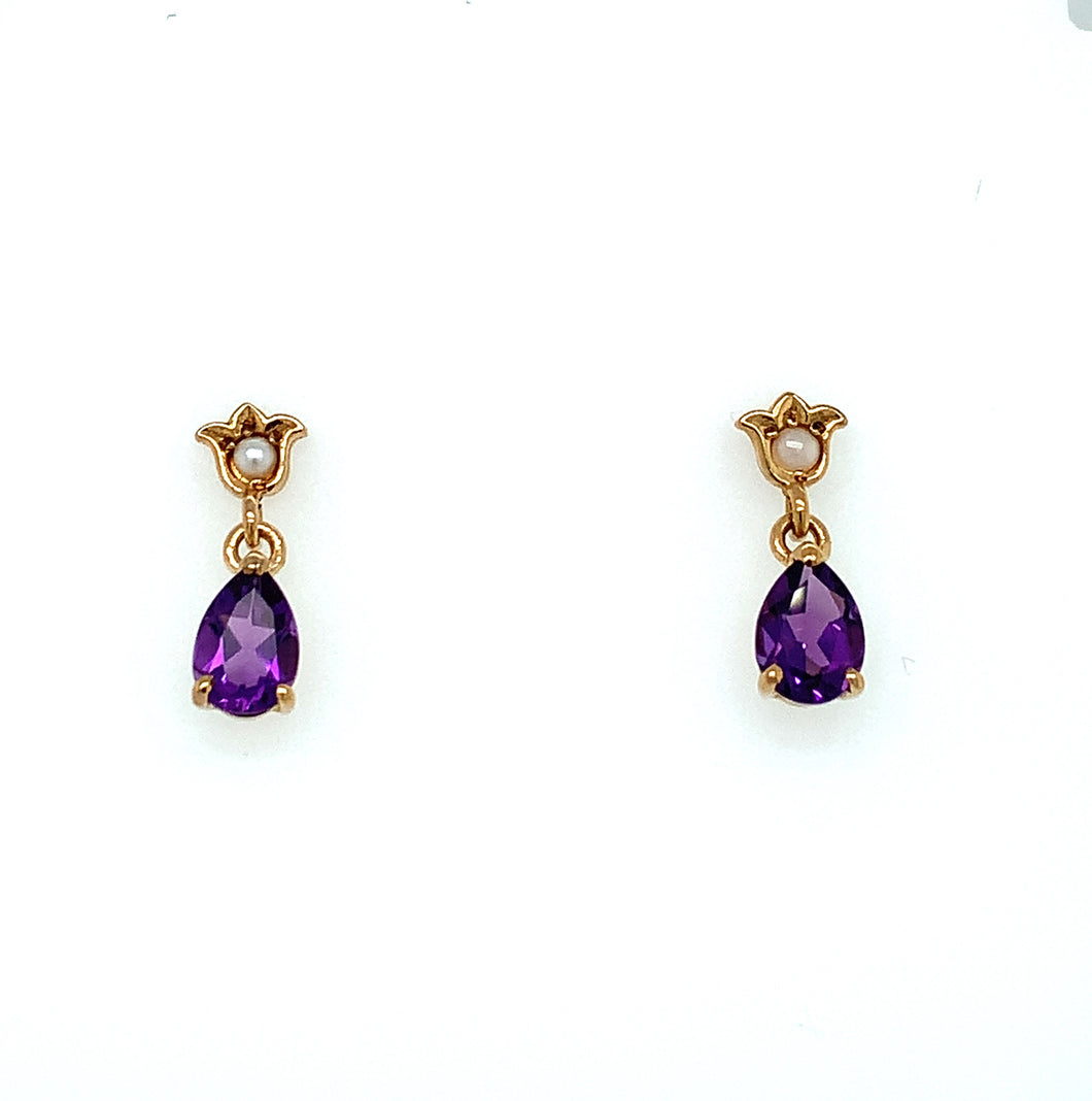 9ct Yellow Gold With Pear Shape Amethyst and Cultured Pearl Earrings