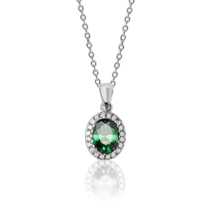 Silver Green And White Oval Cluster CZ Pendant And Chain