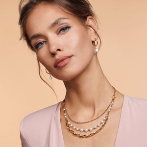 Earrings Creole Freshwater Pearls & Chunky Chain Navette Multi-Wear White-Gold