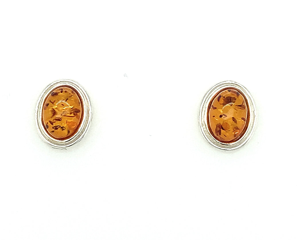 Oval Amber With Double Silver Frame Stud Earrings