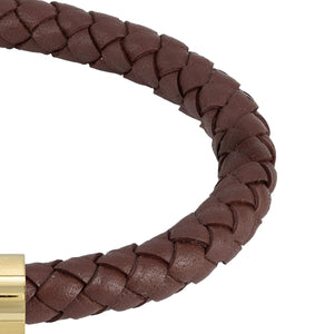 Braided Leather Brown and Gold Tone Bracelet