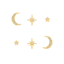 Load image into Gallery viewer, Celestial North Star &amp; Moon Gold Stud Earrings Set
