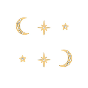 Celestial North Star & Moon Gold Stud Earrings Set