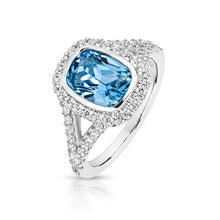 Load image into Gallery viewer, Halo Style Ring With Split Shoulder 9x7mm Pale Blue Cushion Cut Centre

