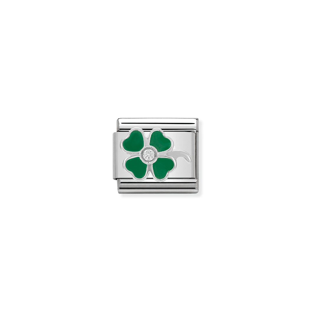 Composable Classic Link Green Clover In Silver And Enamel With Stone