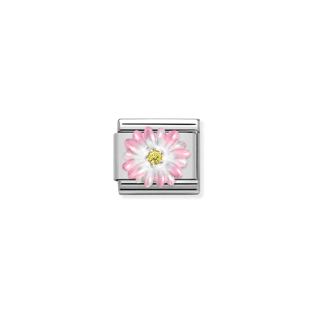 Composable Classic Link Rose Pink Flower In Silver And Enamel With Stone