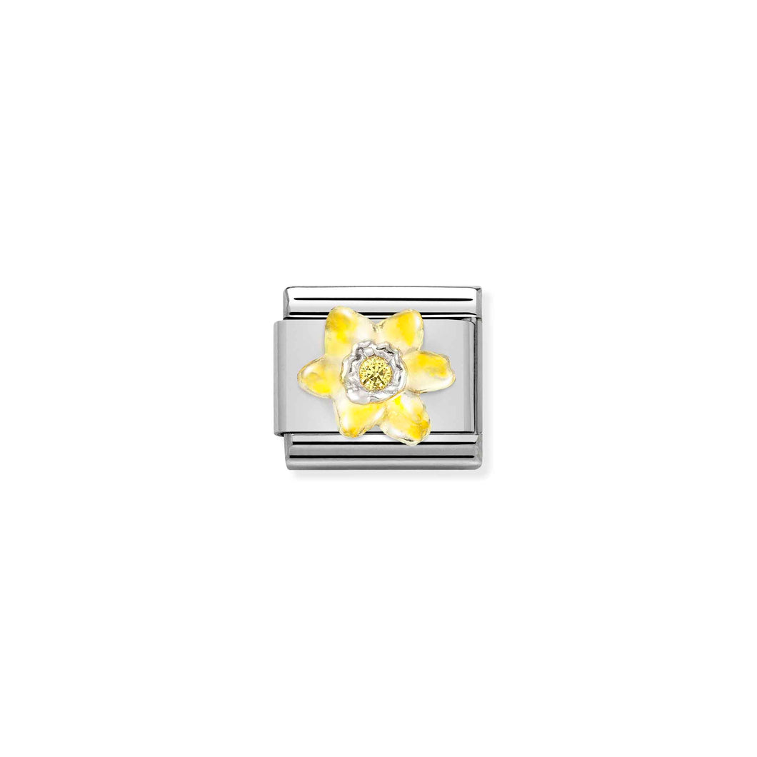 Composable Classic Link Narcissus Yellow Flower In Silver And Enamel With Stone