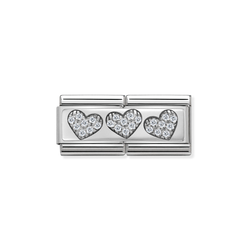 Composable Classic Double Link Silver Three Hearts With Stones