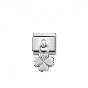 Composable Classic Link Silver Pendant Four Leaf Clover Symbol With Stones
