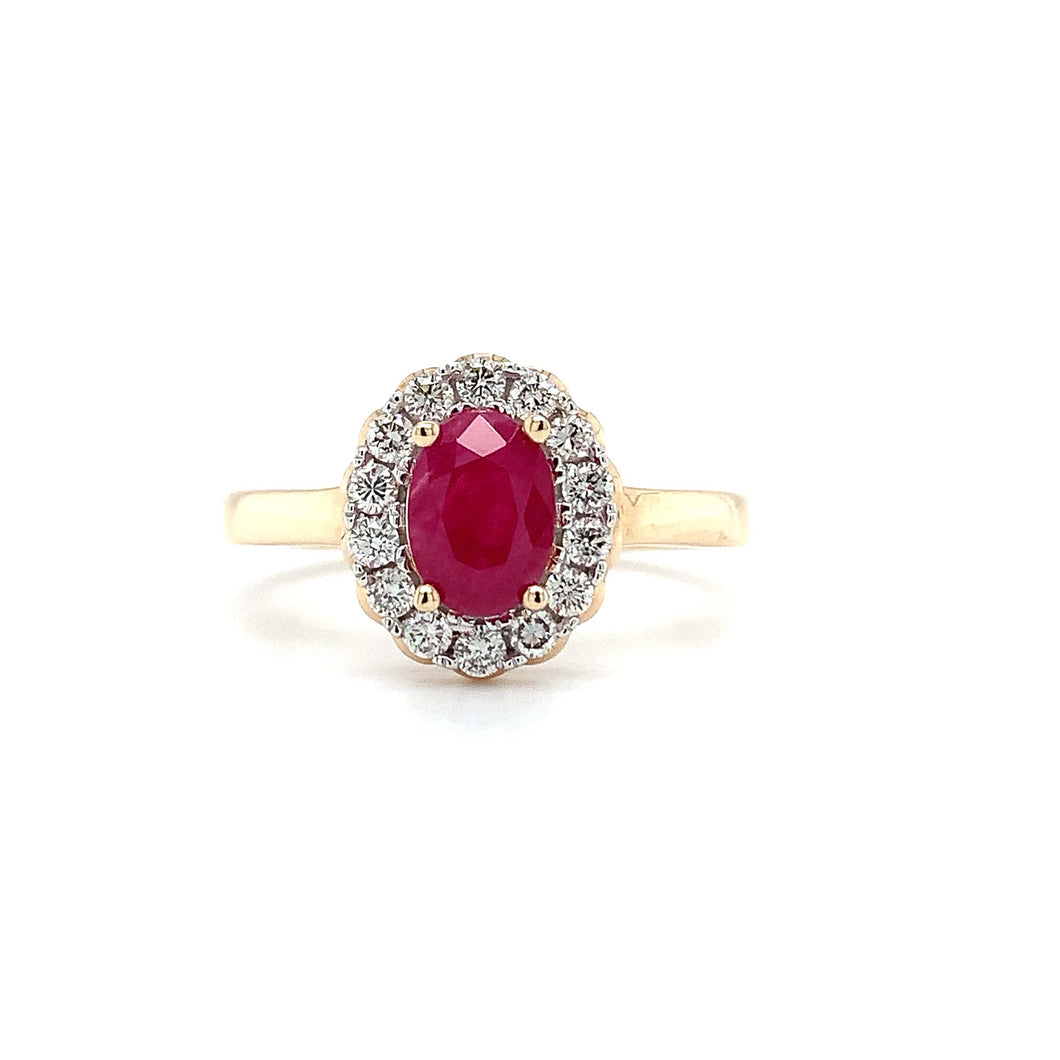 9ct Yellow Gold Ruby And Diamond Oval Scalloped Cluster Ring