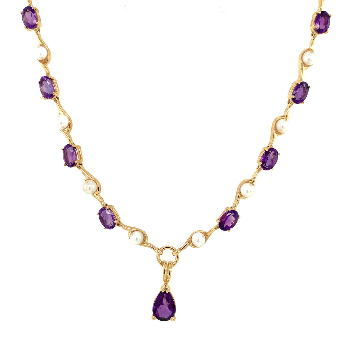 John Medhurst 9ct Yellow Gold Amethyst And Cultured Pearl Necklace