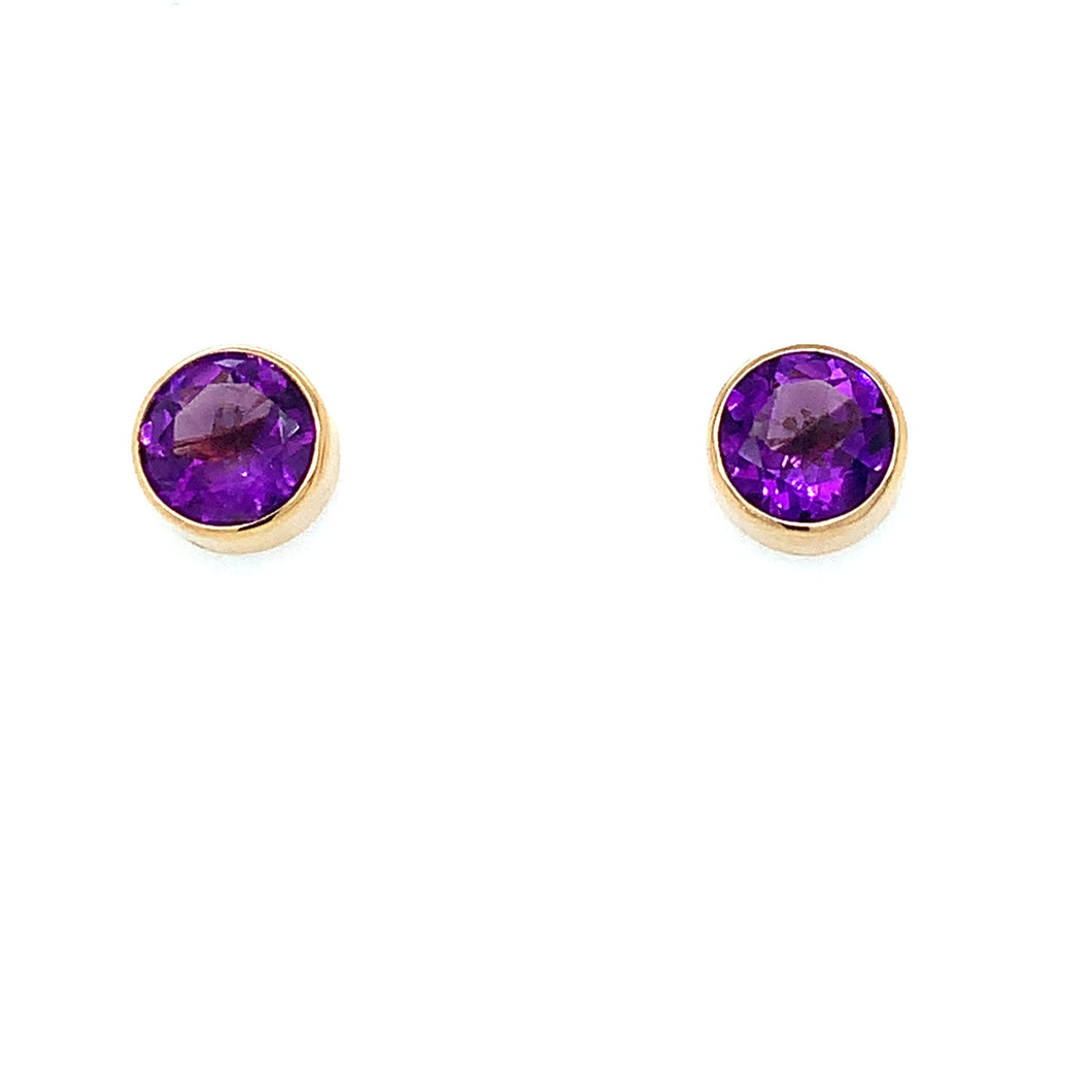 9ct Yellow Gold Round Faceted Amethyst Earrings