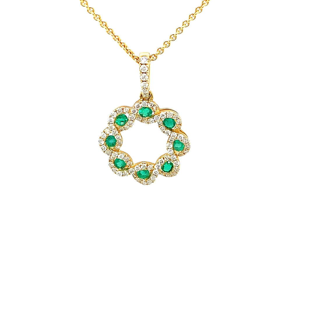 18ct Yellow Gold Diamond And Emerald Circle Pendant On Chain
